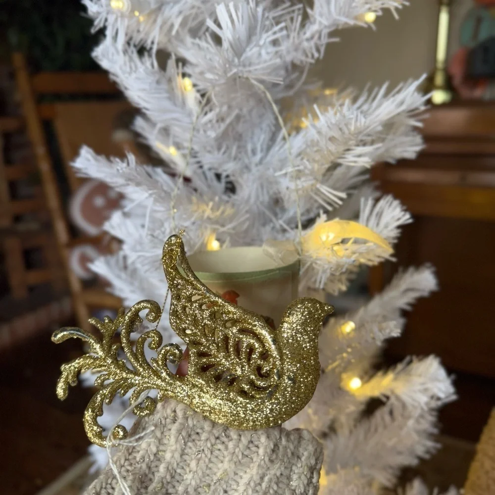 Vintage 1994 Gold Glitter Peacock Bird & Wreath Bucket Ornament - Holiday Decor
